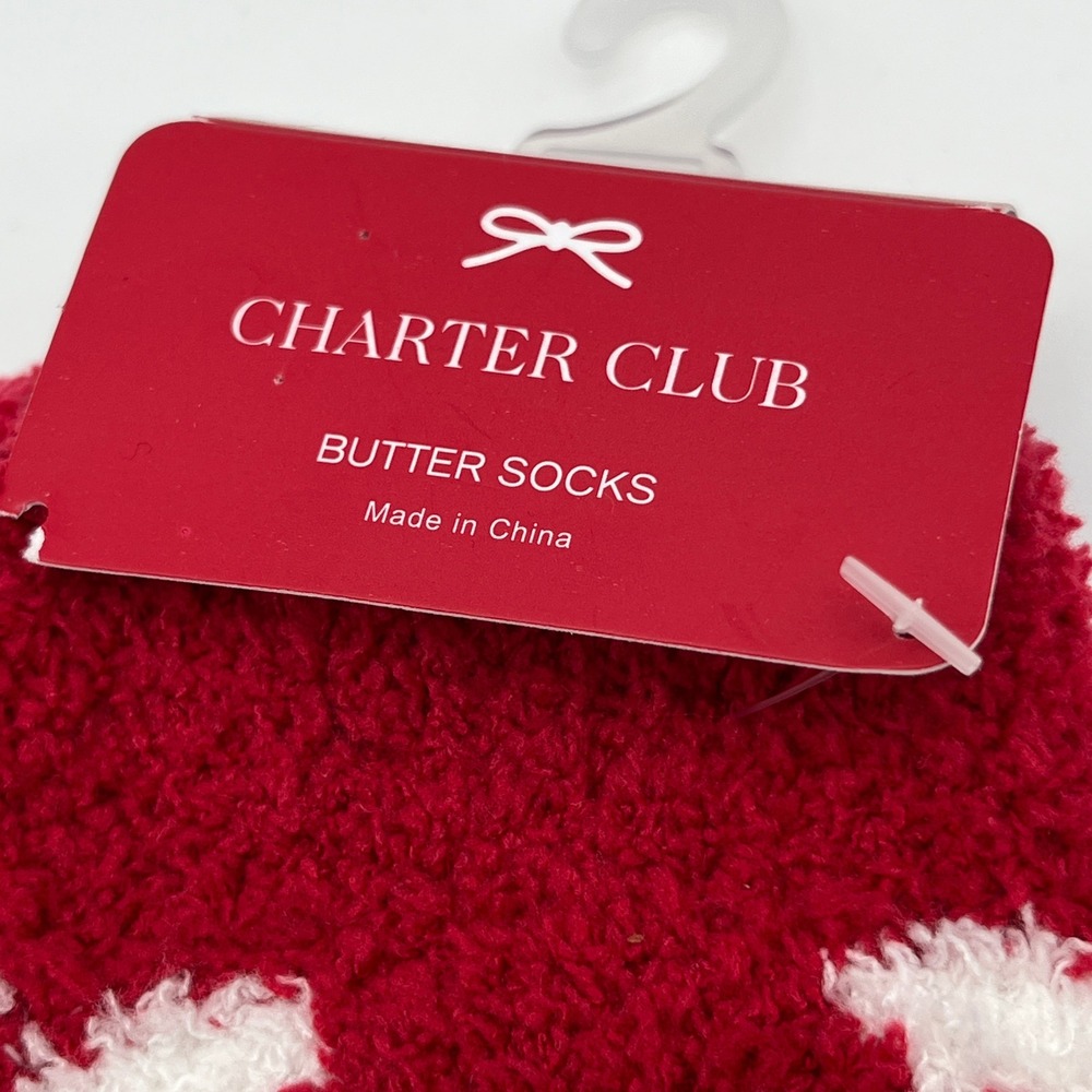 Charter Club Butter Socks Womens 9-11 Red Snow Holly Berry Snowflake Fuzzy Plush - Picture 2 of 6
